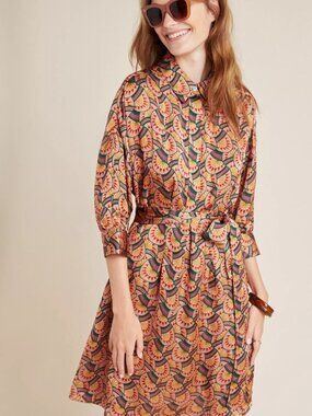 Eva Franco Edeline Art Deco Fan Print Pink Shirtdress 0 NWT